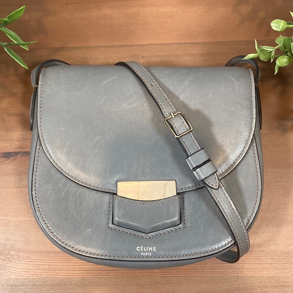 Celine Trotteur Small Grey Smooth Calfskin Leather Crossbody Bag